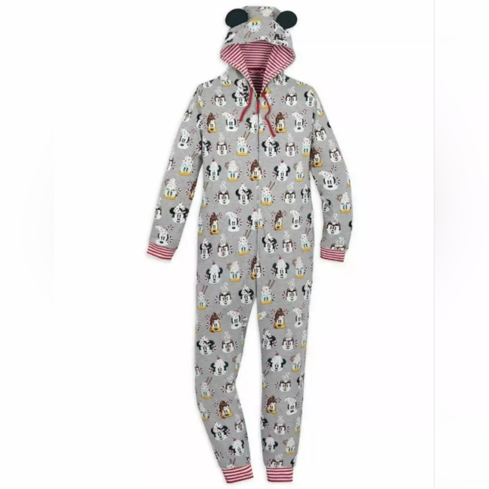 Grey Disney Characters & Hot Chocolate One Piece Footie w/ Mickey Mouse Hood